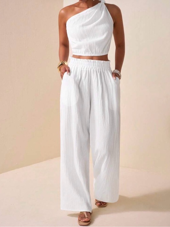 Pants - Women’s White One-Shoulder Wide-Leg Pants Set